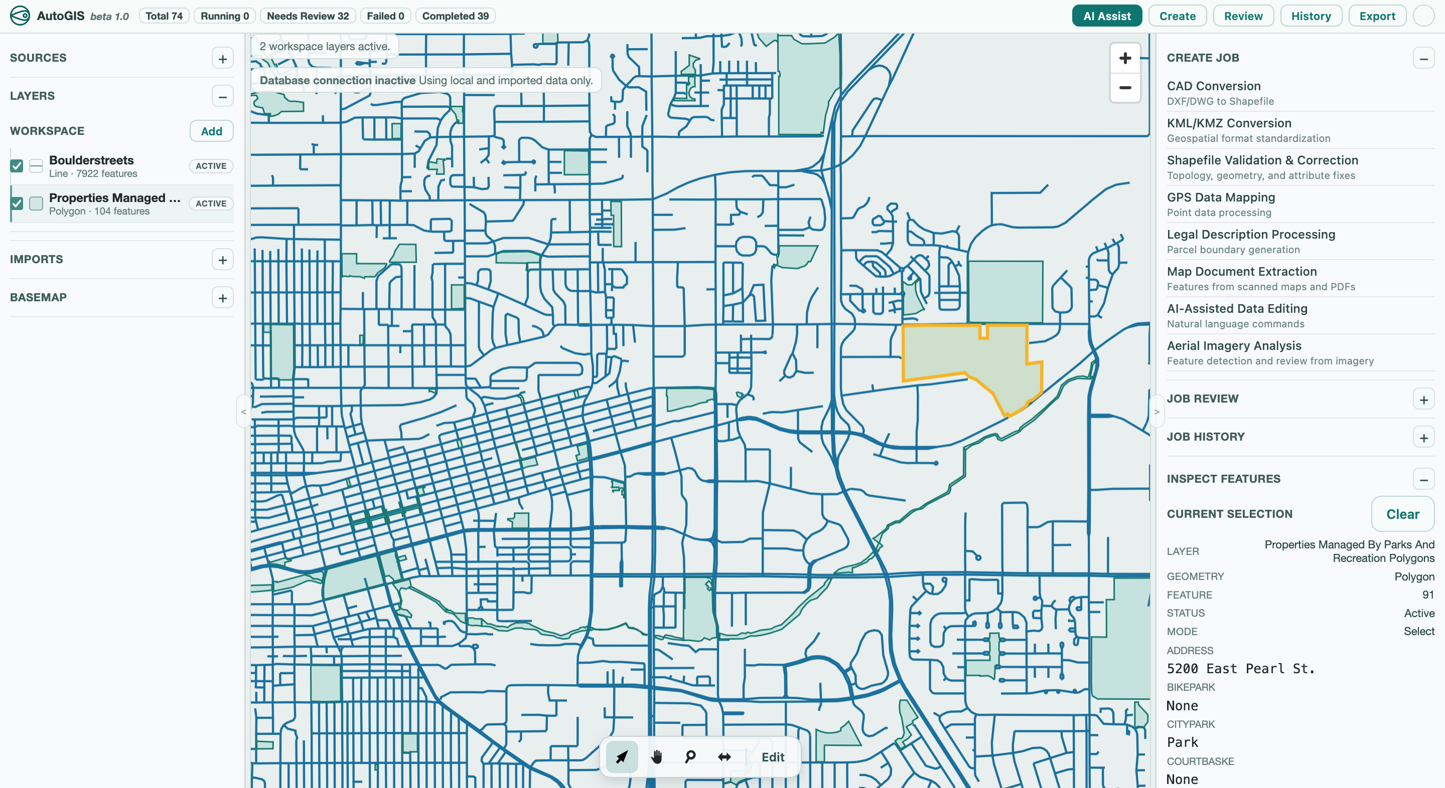 AutoGIS platform workspace with map, layers panel, and job processing panel